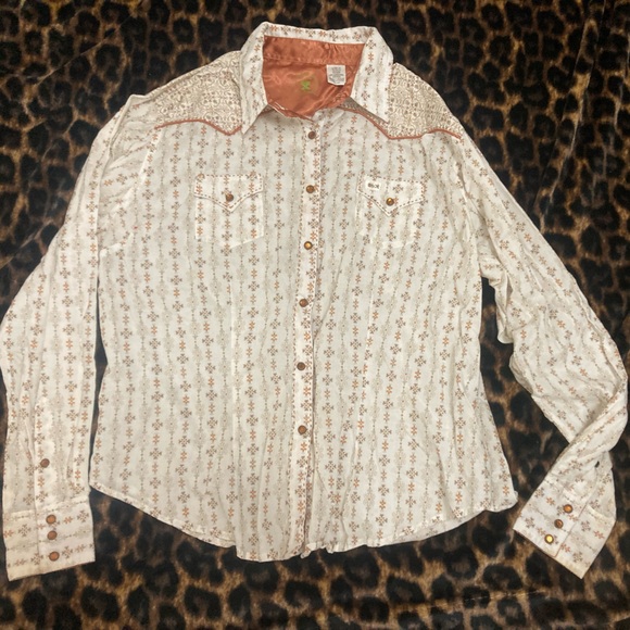 Cream with orange design long sleeve button down - Picture 1 of 2